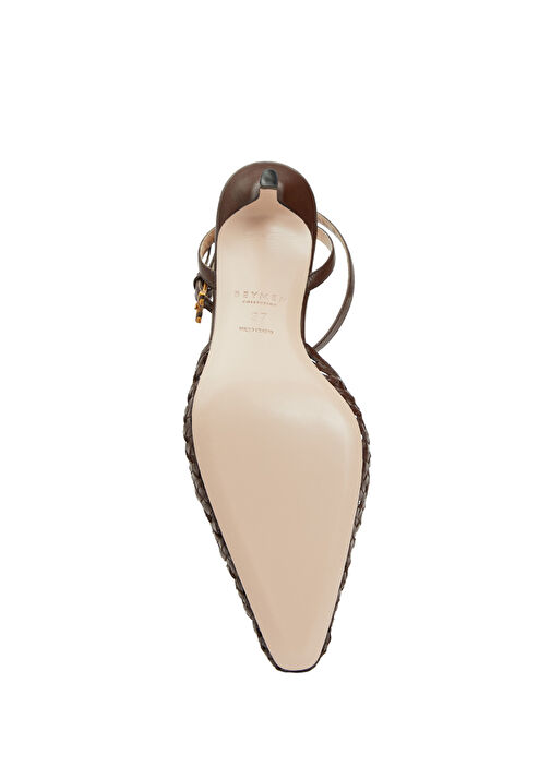 Kahverengi Örgü Dokulu Deri Topuklu Ayakkabı - Görsel 6