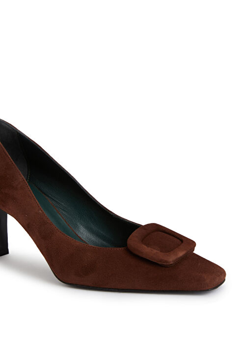 Kahverengi Toka Detaylı Deri Topuklu Ayakkabı - Görsel 7