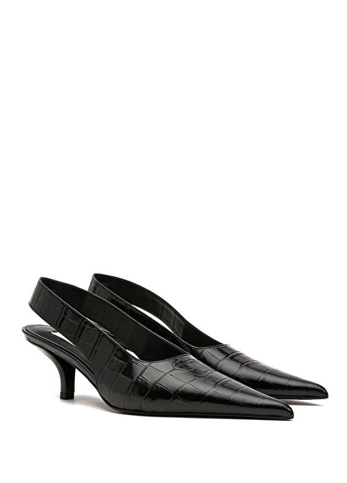 Siyah Krokodil Deri Topuklu Ayakkabı - Görsel 3