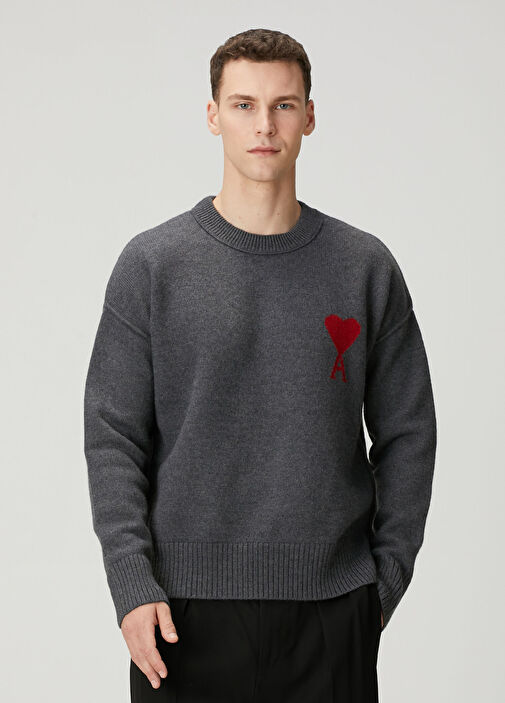 Ami Paris Gri Erkek Gri Logo Jakarlı Yün Kazak 1800277 | Beymen