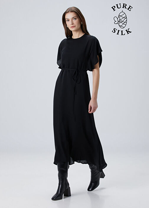 Siyah Beli Bağlamalı Midi İpek Elbise