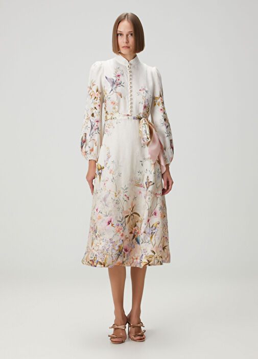 Rebellion Krem Desenli Midi Keten Elbise