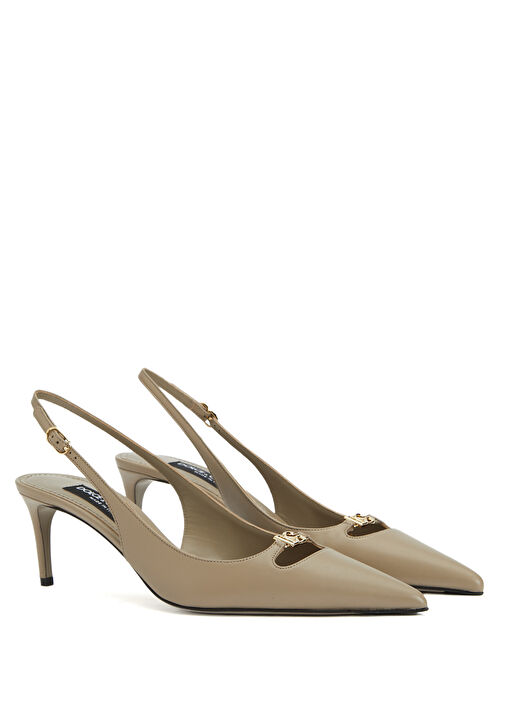 Krem Logo Tokalı Deri Topuklu Ayakkabı - Görsel 3