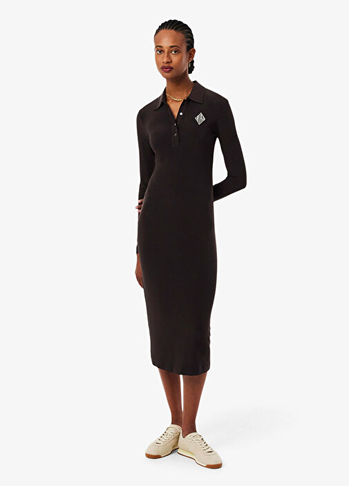 Lacoste - Dark Brown Polo Neck Slim Fit Long Sleeve Women Midi Length Dress Lacoste - Dark Brown Polo Neck Slim Fit Long Sleeve Women Midi Length Dress