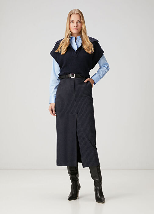 Lacivert Çizgili Midi Etek