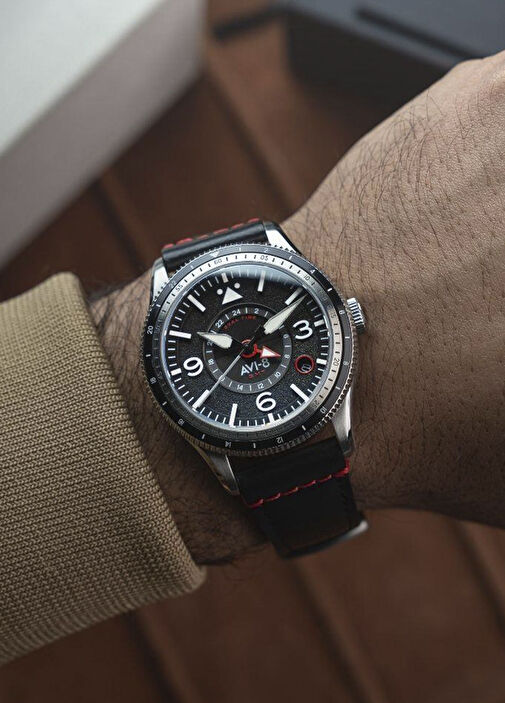 AVI-8 Siyah Erkek Flyboy Airmaster GMT AV-4128-01 Siyah Deri Erkek