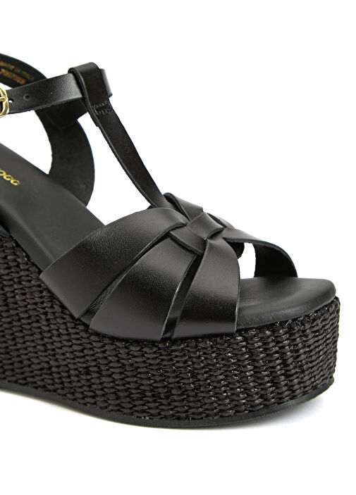 Siyah Hasır Detaylı Kadın Deri Sandalet - Görsel 7