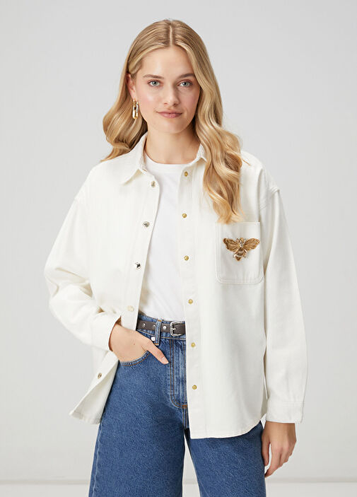 Ekru Broş Detaylı Denim Dış Gömlek