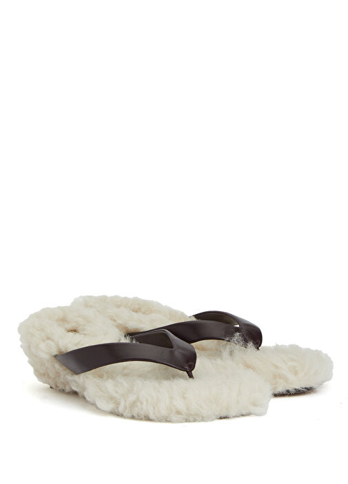 Kahverengi Beyaz Kadın Deri Shearling Terlik - Görsel 3