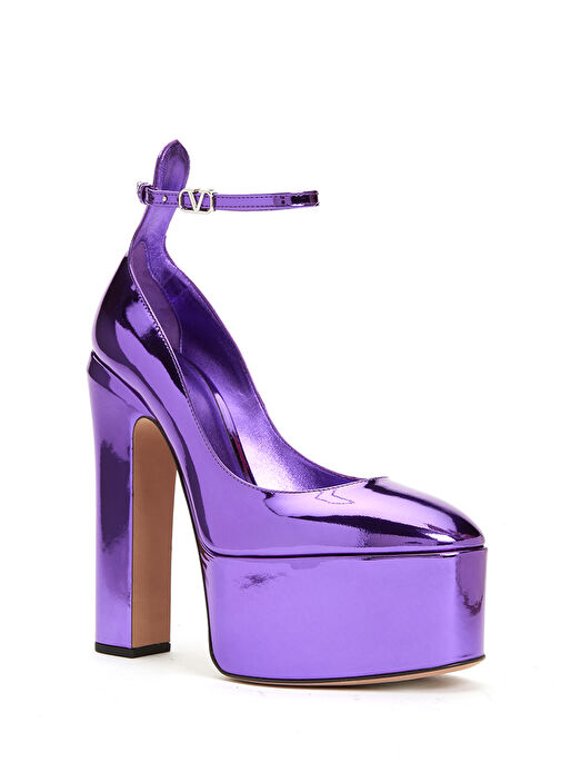 Mor Deri Topuklu Ayakkabı - Görsel 3