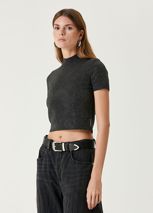 Alexander Wang - Hotfix Koyu Gri Crop Yün T-shirt - Koyu Gri