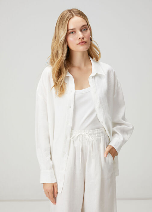Oversize Kırık Beyaz Logolu Keten Gömlek