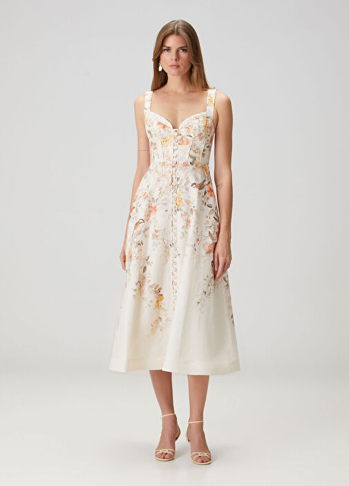 Beyaz Çiçekli Midi Keten Elbise