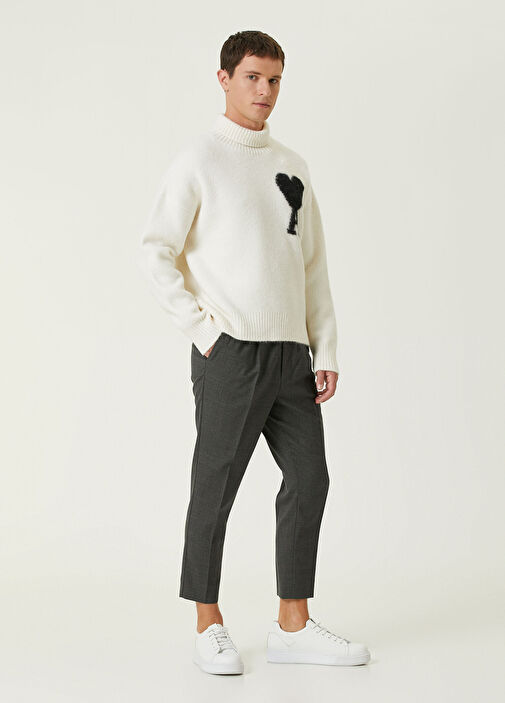 Ami Paris - Beyaz Balıkçı Yaka Logo Jakarlı Kazak - Beyaz