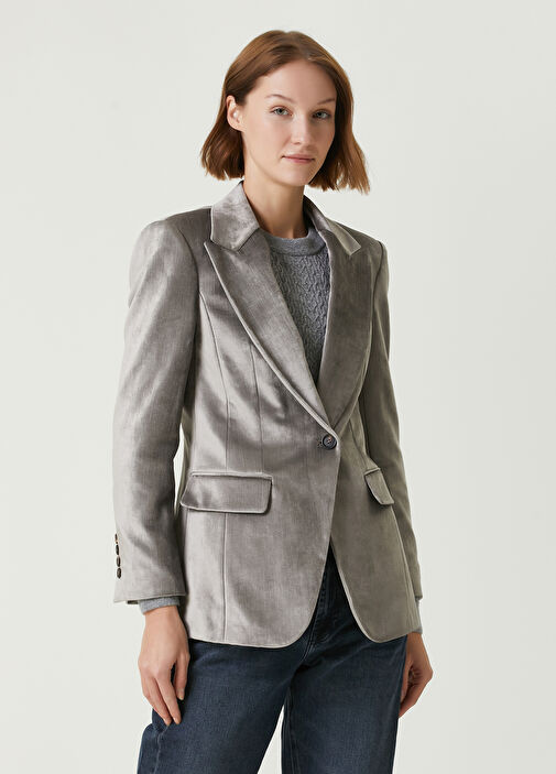 Lapel Gray Velvet Blazer Wide Peak Lapel Single Button Velvet Grey