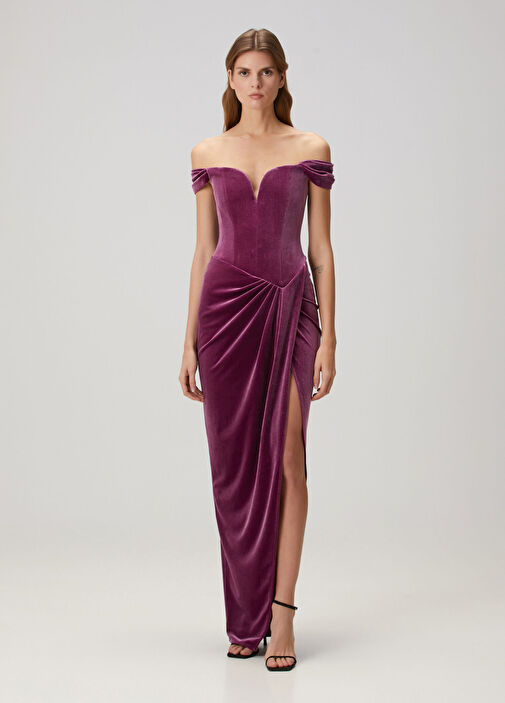Alex Perry - Plum Draped Maxi Velvet Evening Dress
