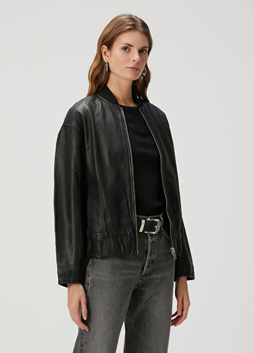 AllSaints - Yara Relaxed Fit Siyah Deri Bomber Ceket - Siyah