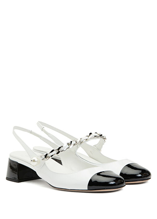 Siyah Beyaz Zincir Detaylı Deri Topuklu Ayakkabı - Görsel 3