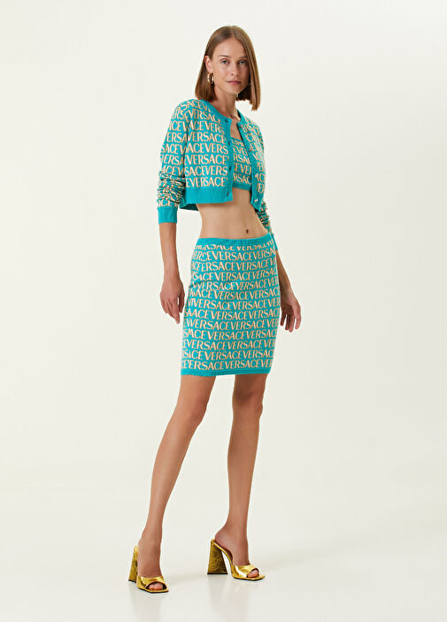 Versace - Turkuaz Bisiklet Yaka Logo Jakarlı Crop Hırka - Turkuaz