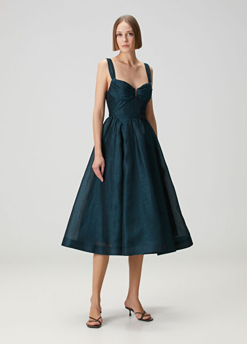 Rebellion Koyu Mavi Midi Keten Elbise