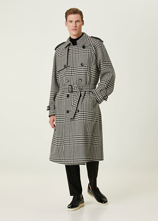 Black and white plaid wool coat on sale