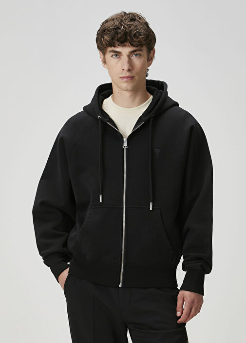 Ami Paris Siyah Erkek Siyah Kapüşonlu Organik Pamuk Sweatshirt