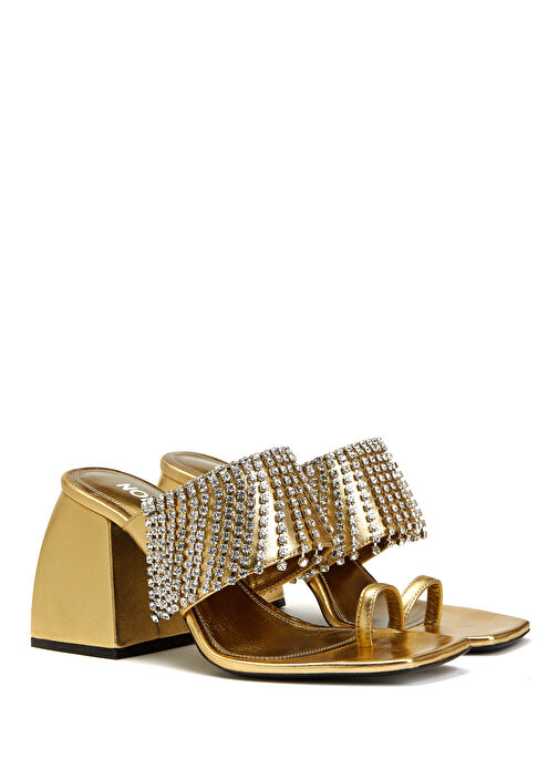 Gold Kristal Taşlı Kadın Deri Sandalet - Görsel 3