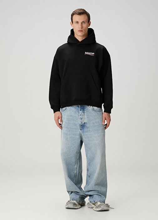 Balenciaga Siyah Erkek Siyah Kapüşonlu Logo Nakışlı Sweatshirt