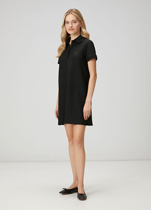Siyah Petek Dokulu Mini Polo Elbise