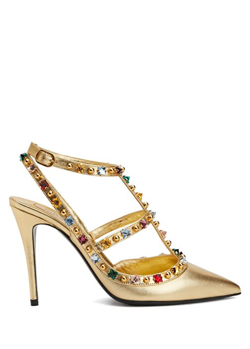 Rockstud Gold Deri Topuklu Ayakkabı - Görsel 2