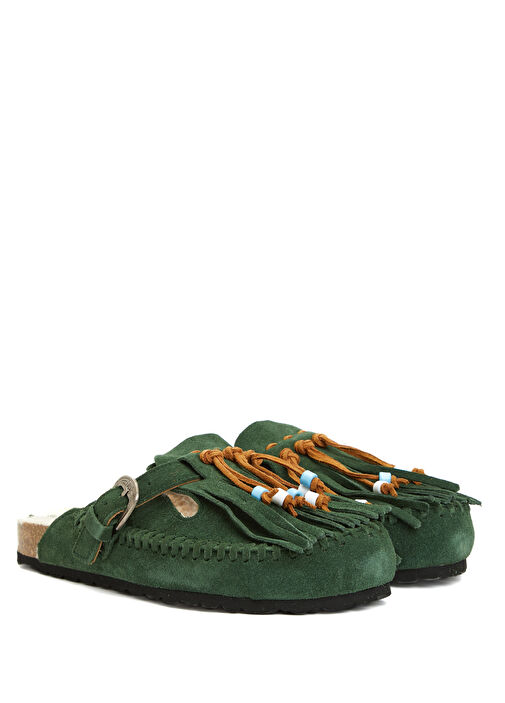 Koyu Yeşil Püskül Detaylı Kadın Süet Terlik - Görsel 3