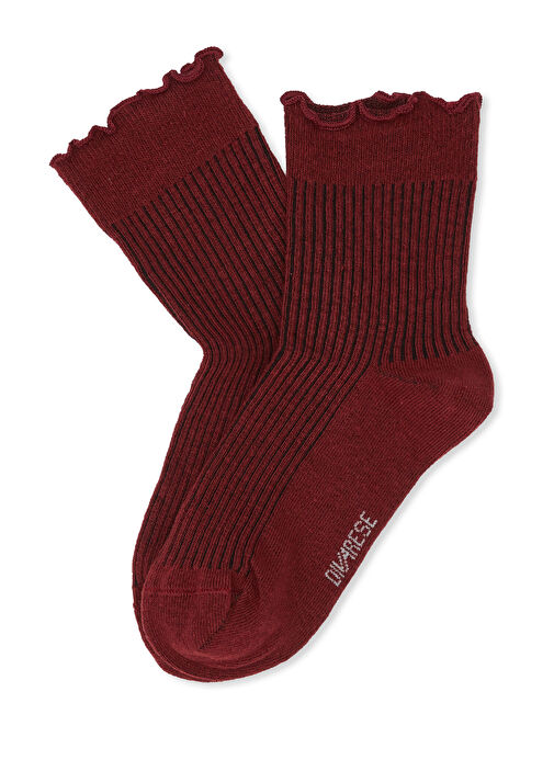 Bordo Çizgi Desenli Kadın Soket Çorap