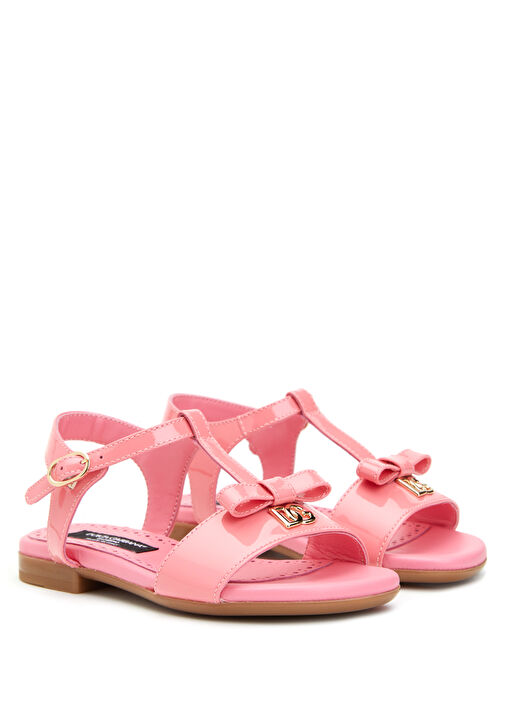 Pembe Logo Detaylı Kız Çocuk Deri Sandalet - Görsel 3