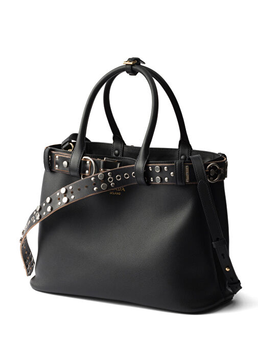 Prada Siyah Kadın Buckle Siyah Deri Zımbalı Kemerli Büyük Kadın El