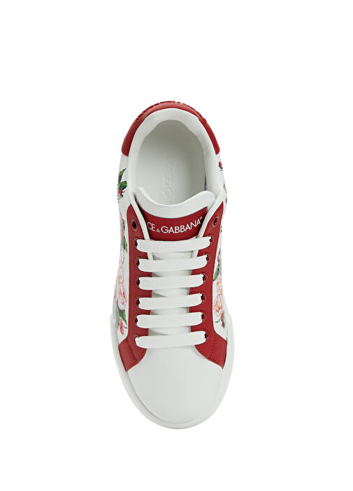 Kırmızı Çiçek Baskılı Kadın Deri Sneaker - Görsel 5