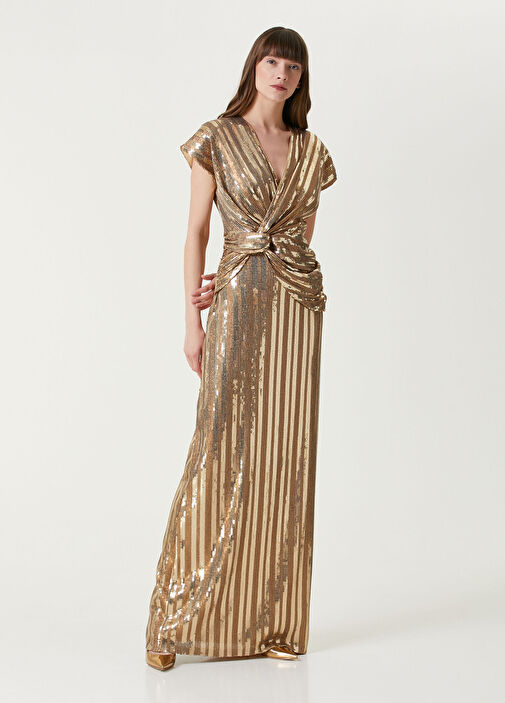 gold embroidered maxi dress Embroidered satin maxi dress with voluminous drapery 38 (FR) / Black/Gold main image 0