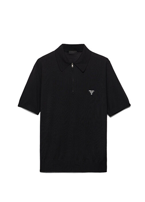 Prada Siyah Erkek Superfine Siyah Yün Polo Erkek T-Shirt 1582305