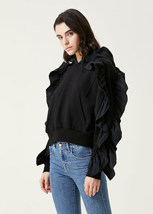 Red Valentino - Black Hooded Sweatshirt With Ruffle Detail