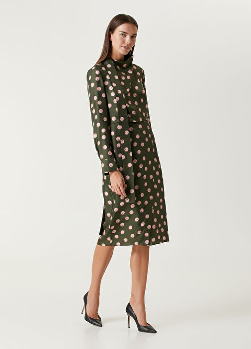 Green Polka Dot Midi Twill Silk Dress