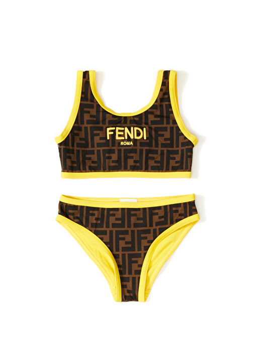 Fendi Brown Yellow Logo Jacquard Girls Bikini Set