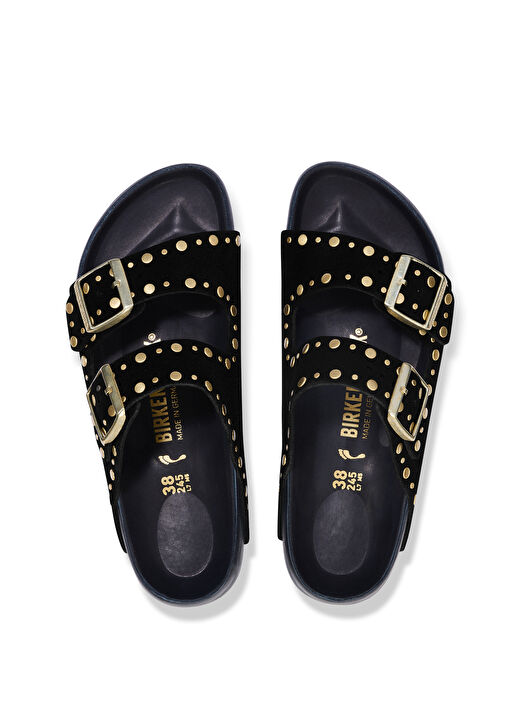 靴 BIRKENSTOCK Arizona 38 Birkenstock Siyah-Altın Kadın Arizona Siyah Gold Kadın Süet Terlik