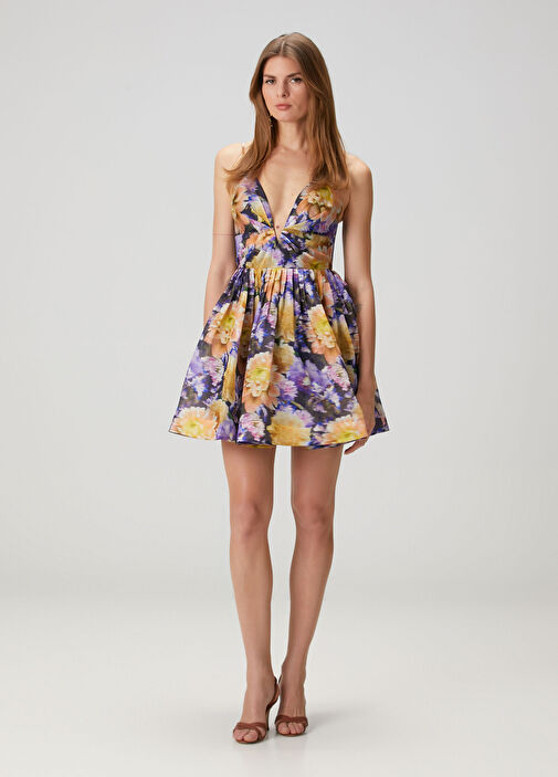 Lacivert Çiçekli Mini Keten Kokteyl Elbise