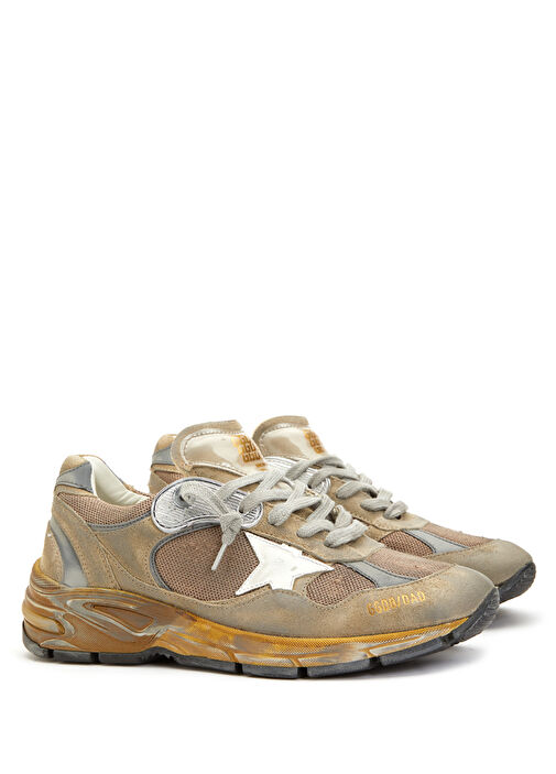 Bej Logolu Eskitme Dokulu Kadın Deri Sneaker - Görsel 3