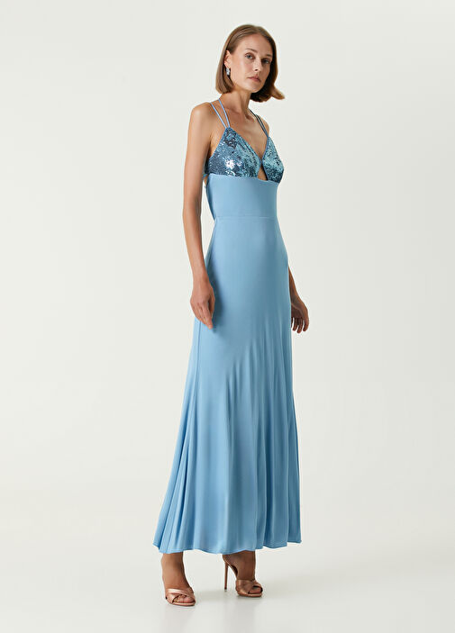 HALSTON Blue Sequined Maxi Evening Dress