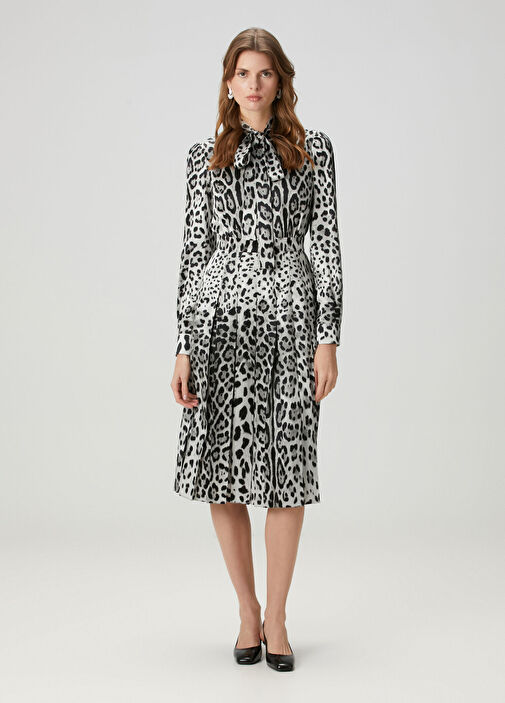 Dolce&Gabbana - Leopar Desenli Midi İpek Elbise - Leopar