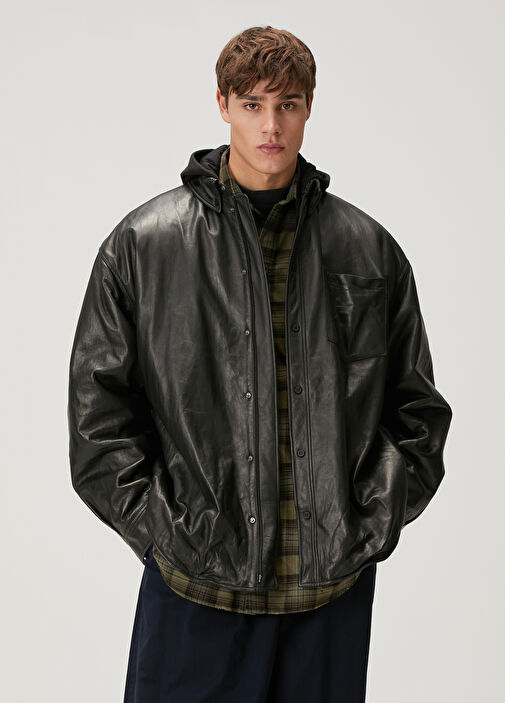 Black Balenciaga Black Men Black Hooded Leather Coat 1600426