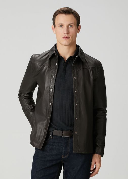 John Varvatos Herren Bernard Shirt Jacket Aus Leder – Stehkragen, Verdeckte Knopfleiste, 100% Schafsleder