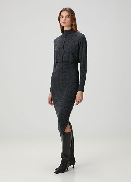 AllSaints - Sabine 2-in-1 Dark Gray Midi Wool Knit Dress