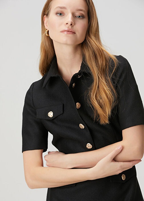 black shirt dress with gold buttons Black Button Tie Front Mini Shirt Dress – AX Paris main image 1