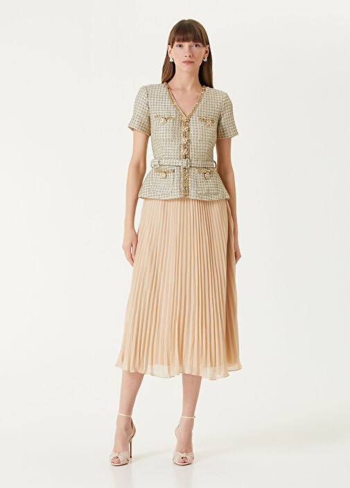 self portrait gold tweed dress self-portrait - Gold Knit Taffeta Midi Dress